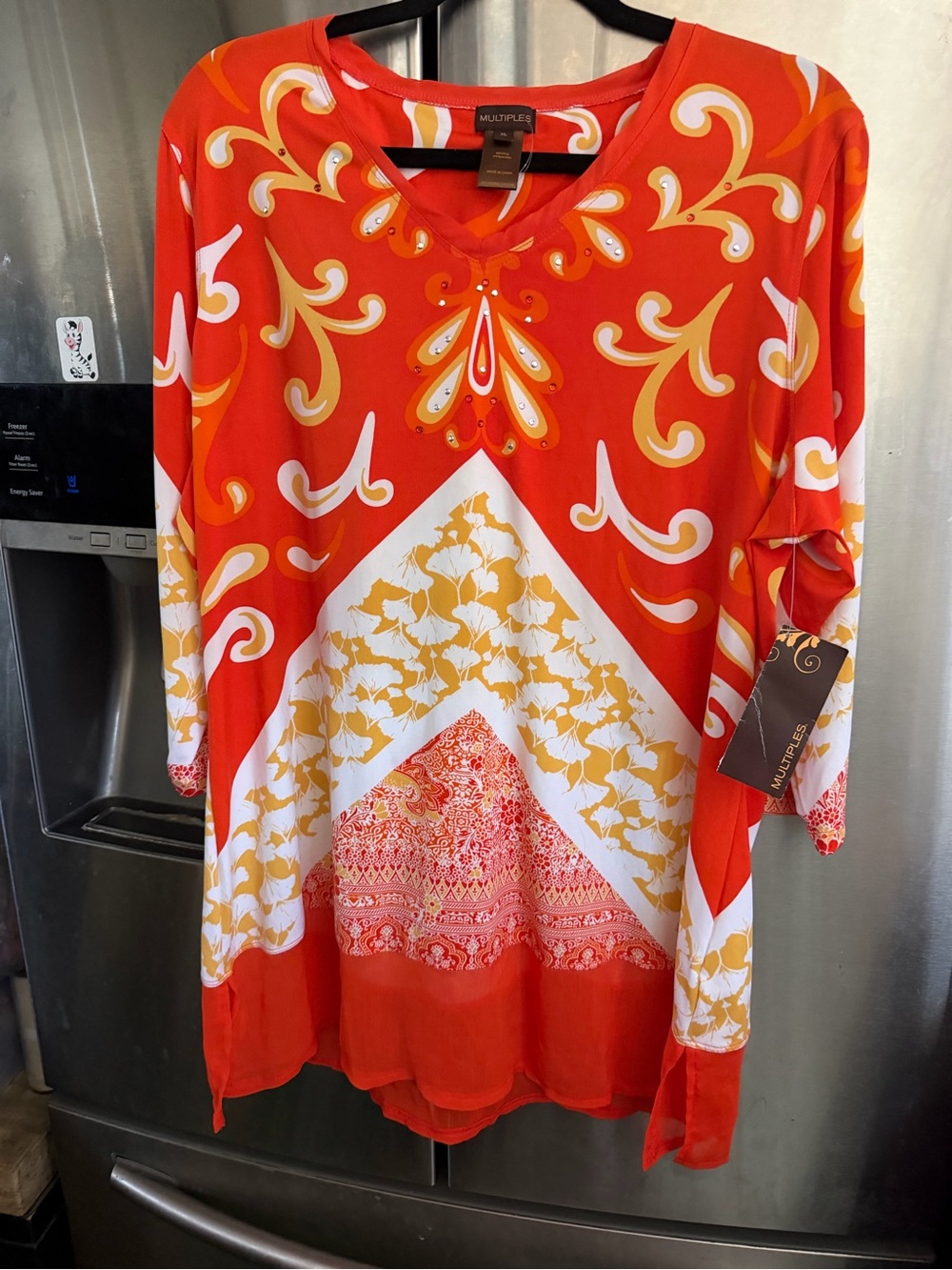 Multiples Red-Orange and Gold Printed V-Neck Mini Dress